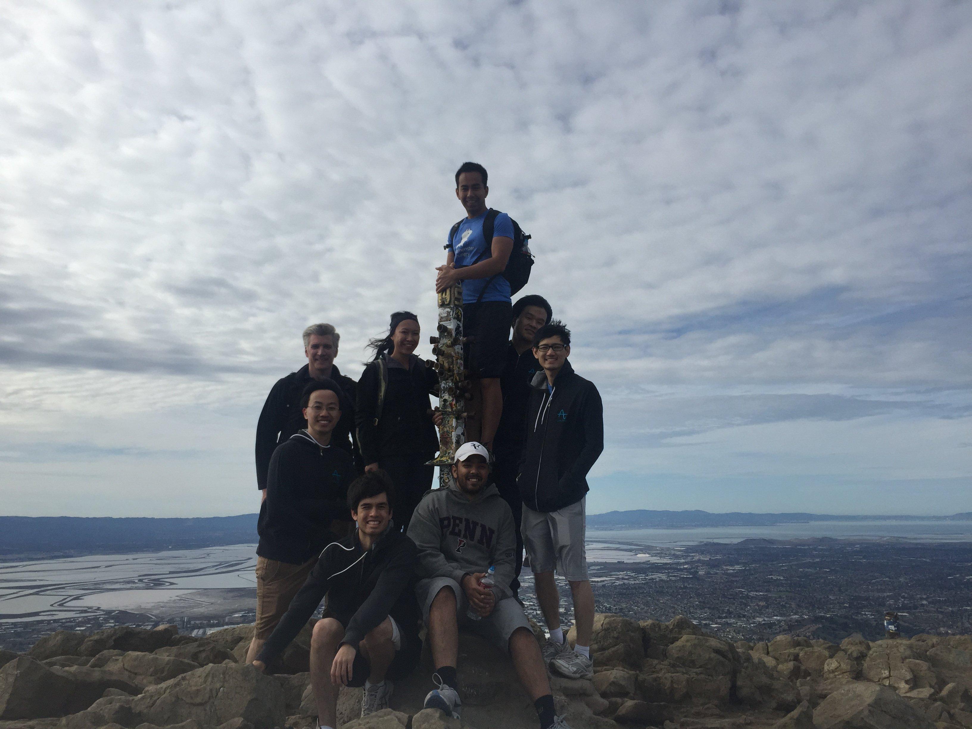 Amplitude employees standing on top of a mountain peak with the bay in the background.