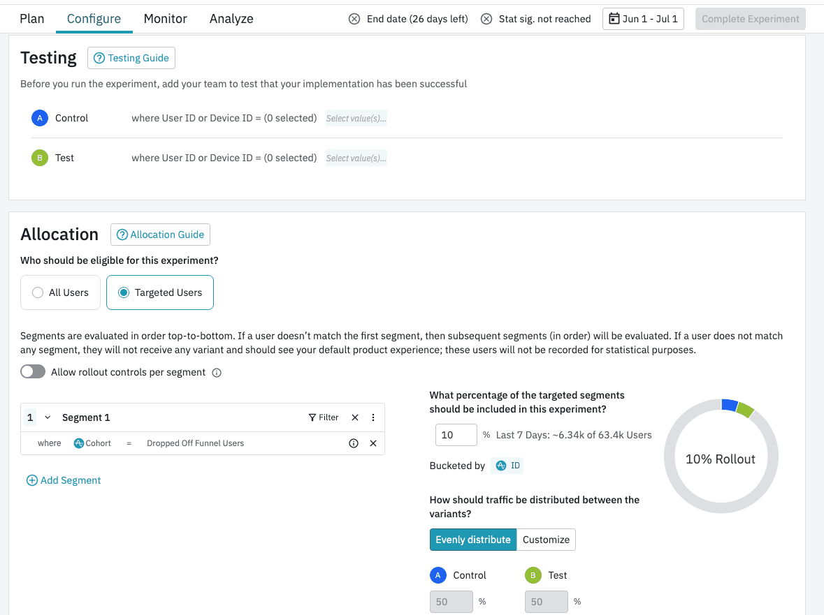 Configuring expirement testing in Amplitude