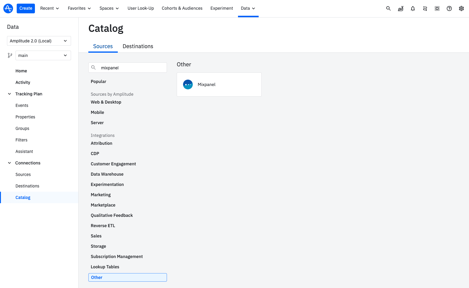 Screenshot fo where in the Amplitude catalog users can find Mixpanel to begin the migration process