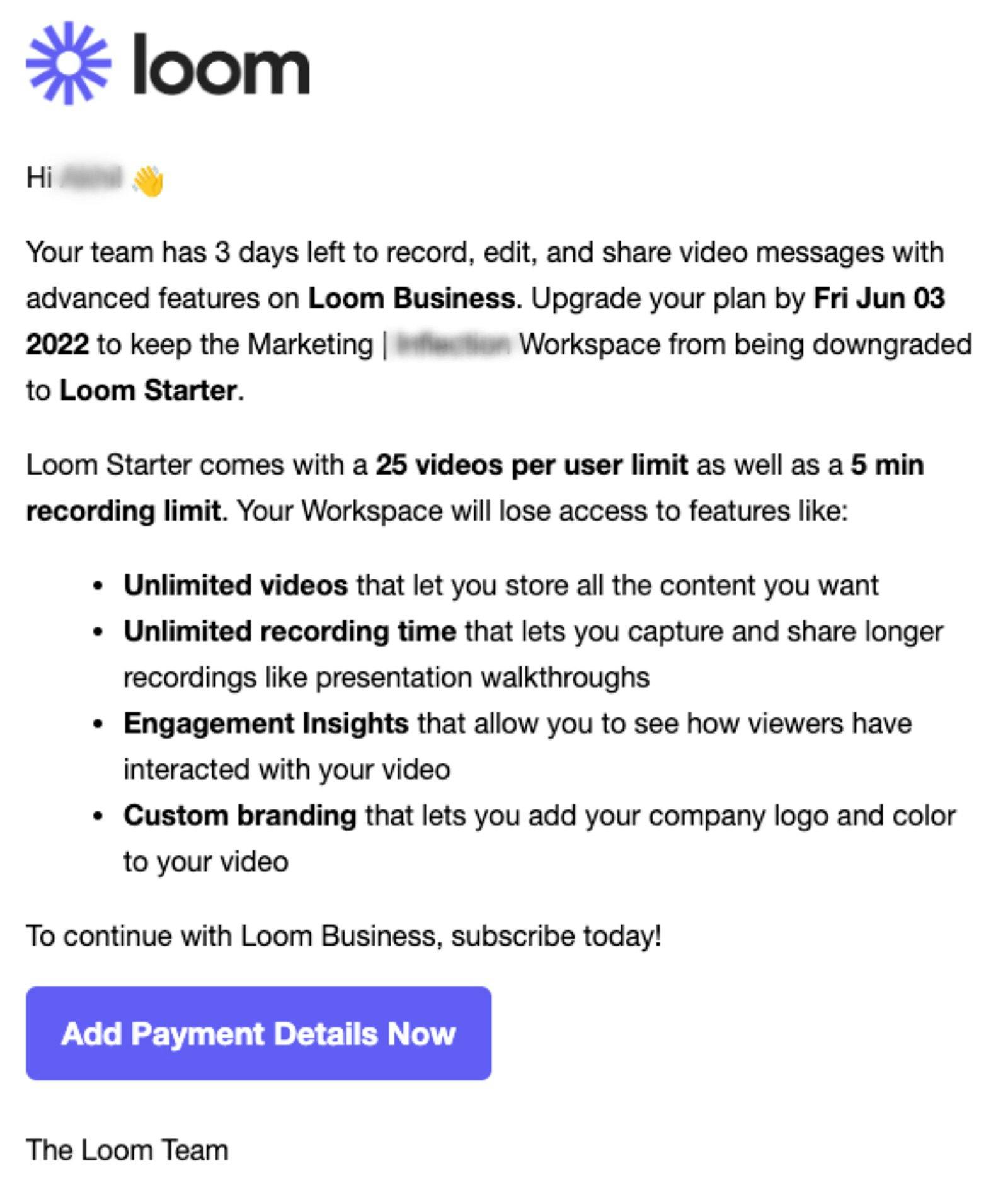 Loom onboarding details email