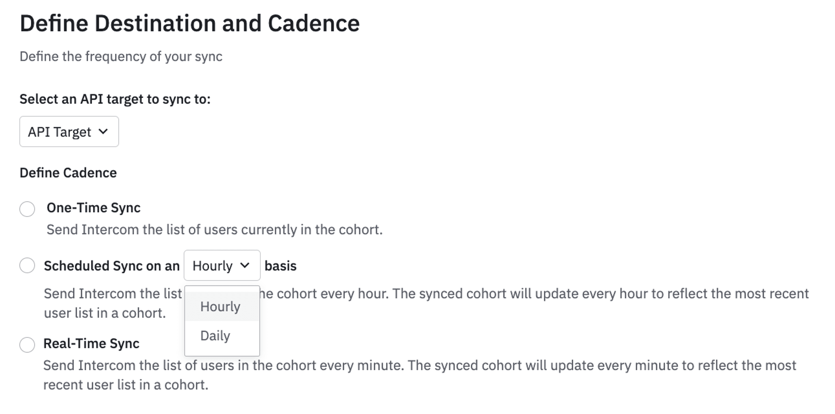 Define destination and cadence screen from Amplitude