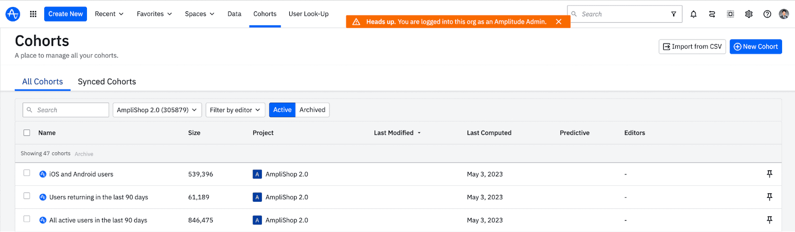 Screenshot of Amplitude's Cohort functionality